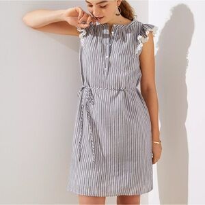 NEW LOFT Whisper White Gray Striped Femme Flutter Chic Cotton Shirtdress